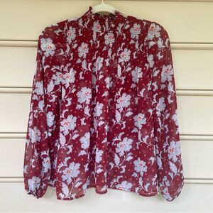 a.n.a Red Floral Sheer Smocked Blouse Long Sleeve Top Size XS NWT
